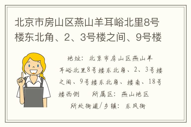 北京市房山區(qū)燕山羊耳峪北里8號樓東北角、2、3號樓之間、9號樓東北角、樓南、18號樓西側(cè)
