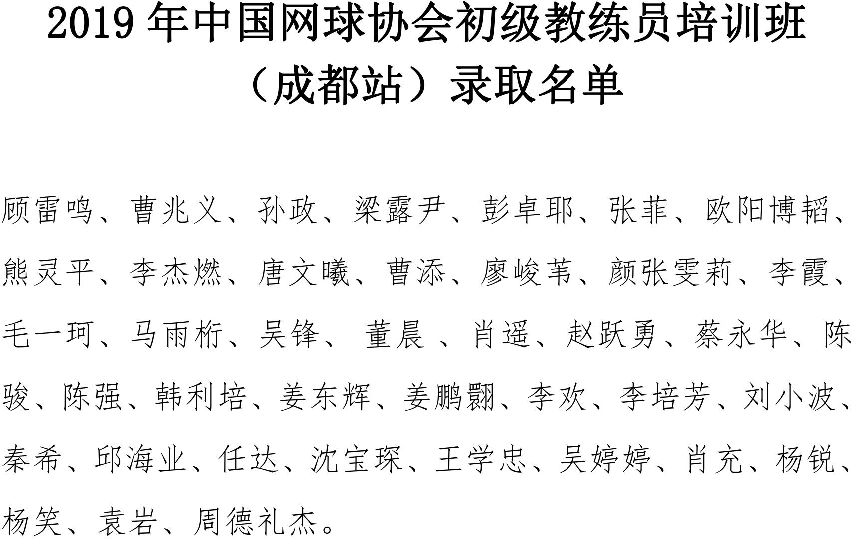 2019年中國網(wǎng)球協(xié)會(huì)初級(jí)教練員培訓(xùn)班（成都站）錄取名單