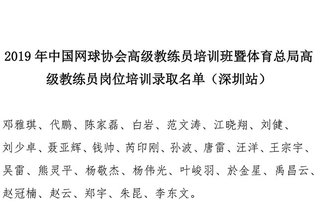2019年中國網球協(xié)會高級教練員培訓班暨體育總局高級教練員崗位培訓錄取名單（深圳站）