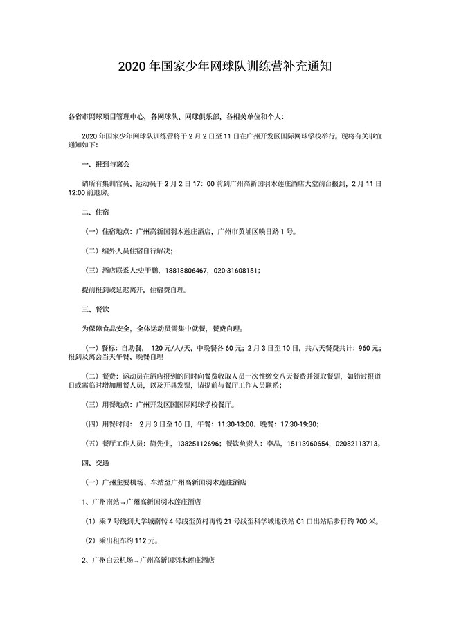 2020年國家少年網(wǎng)球隊訓練營補充通知